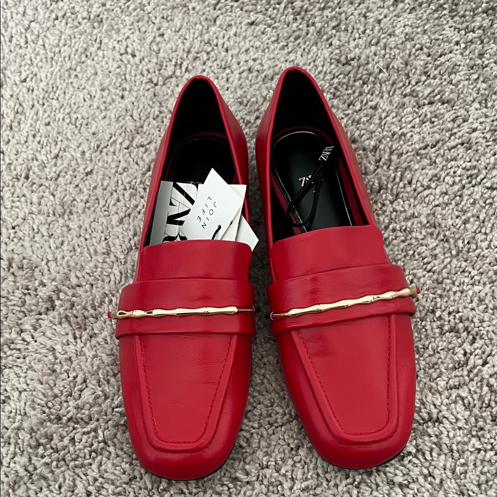 NWT Zara Red Gold Details Leather Loafers